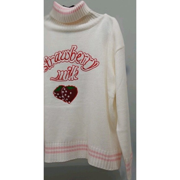 Strawberry Milk Turtleneck Sweater White Pink Kawaii Y2K Anime Style Large Mint - Picture 3 of 5